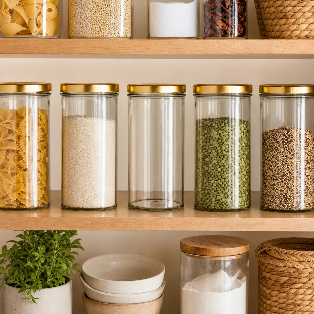 277ml tumblery s víčkem BasicSeal zlaté UNiTWIST s bezpečným uzávěrem. Pantry Organisation mit 277ml Sturzgläsern gold UNiTWIST Deckel für Reis Pasta Linsen Gewürze Küchenregal