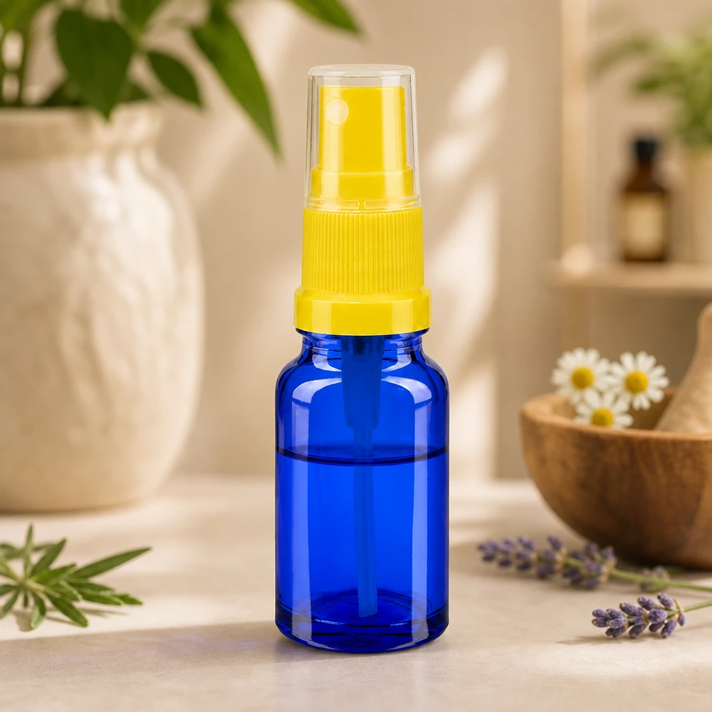 10ml lahvička s rozprašovačem žlutá/transparentní standardní uzávěr BlueLine UT18/10 Praktische 10ml Glasflasche mit gelbem Pumpzerstäuber für Reise und unterwegs BlueLine Serie