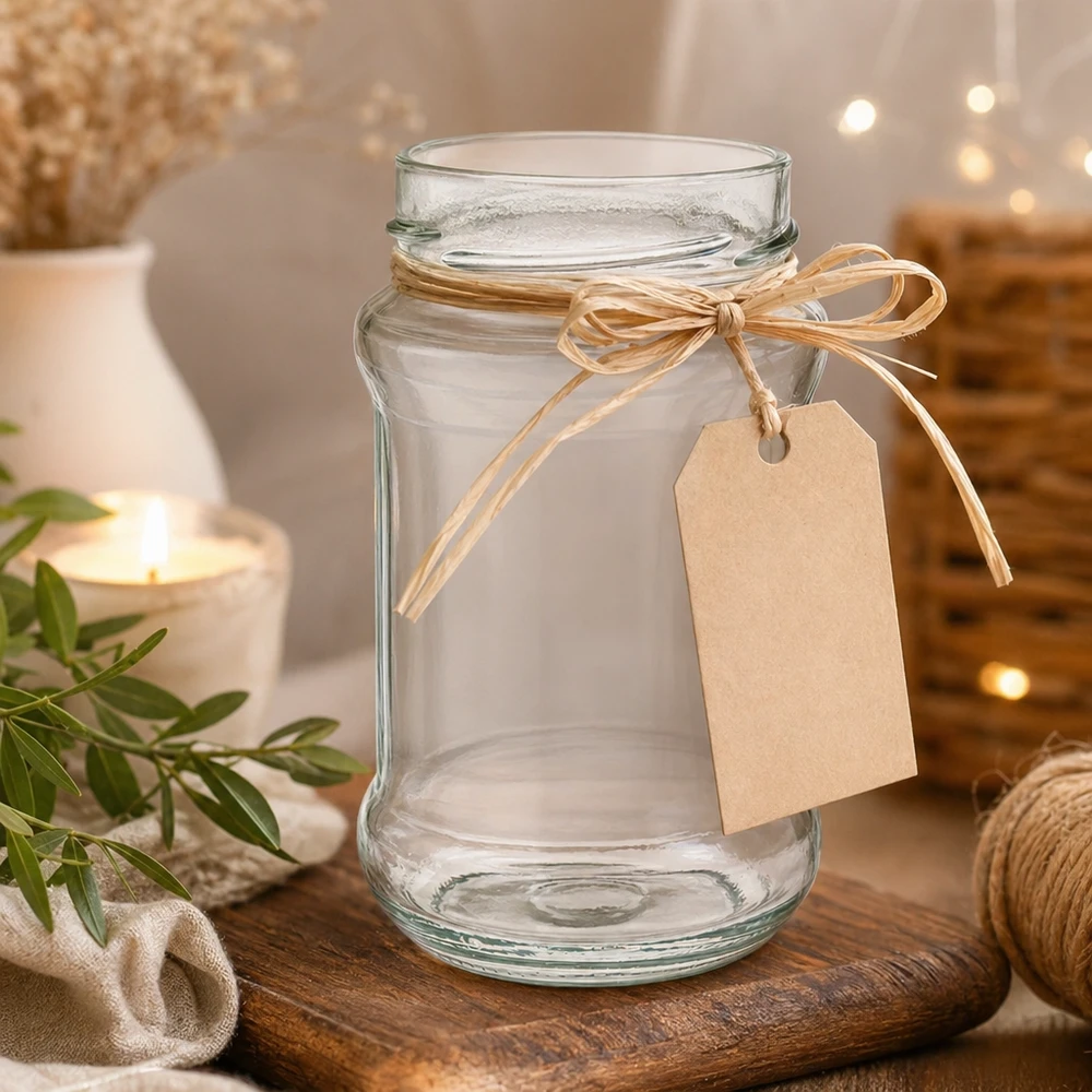 Kulatá sklenice bez víčka o objemu 390 ml (TO66deep) UNiTWIST Leeres Rundglas 390ml mit Deckel und Schleifenband auf Holztisch - ideal für Marmelade Honig und Geschenke von Glas-Fabr