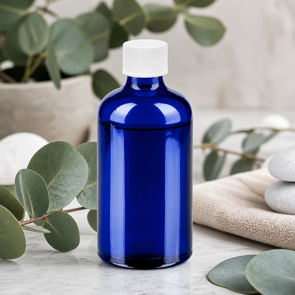 Premium Glasflasche 100ml in Apothekerblau mit auslaufsicherem 11mm Gewinde weiß