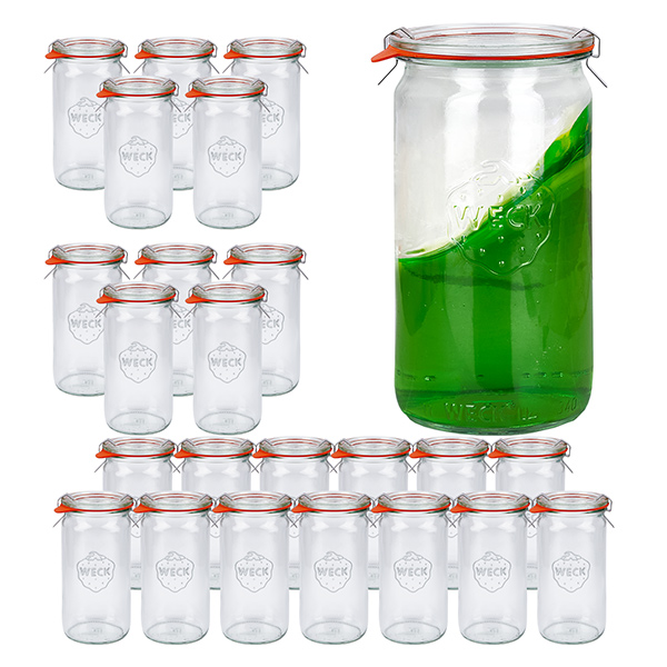 Sada 24 sklenic Weck 340ml válcových sklenic s 24 skleněnými víčky.