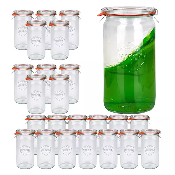 Sada 24 sklenic Weck 340ml válcových sklenic s 24 skleněnými víčky.
