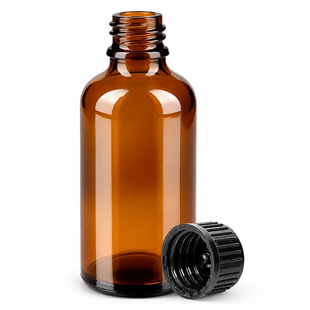 50ml láhev 11mm šroubovací uzávěr černá Standard BrownLine UT18/50 Professionelle 50ml Glasflasche in Braun mit schwarzem Deckel für Labor und Naturkosmetik