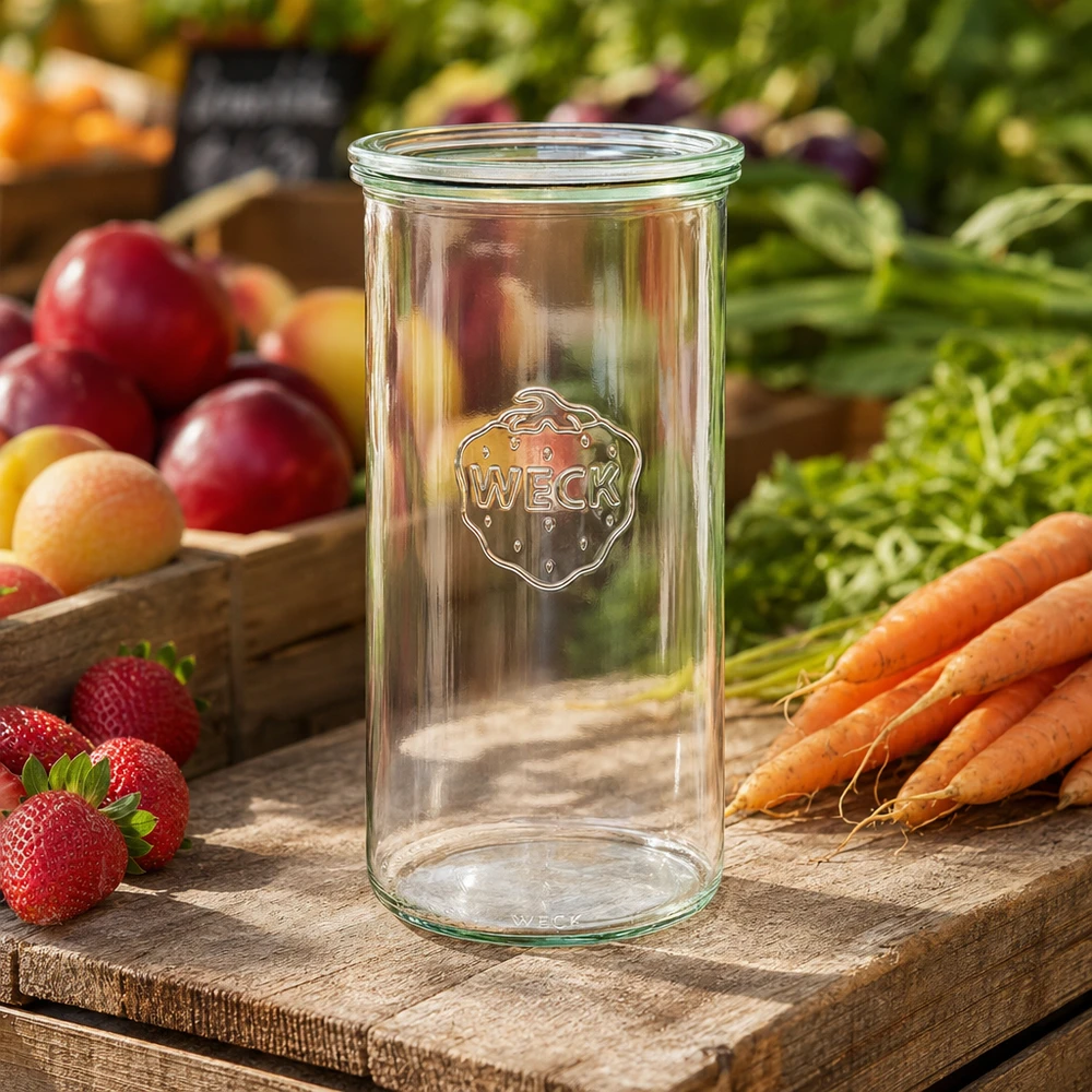 WECK Sturzglas 1500ml RR100 auf Holzbrett mit frischem Obst Gemüse Erdbeeren Karotten natürliche Küchendeko