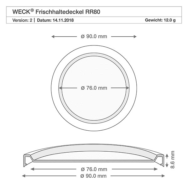 560ml dekorativní sklenice s víčkem pro zachování čerstvosti WECK RR80. Technische Zeichnung WECK Frischedeckel RR80 mit Maßangaben 90mm und 76mm Durchmesser für 1040ml Zylinderglas