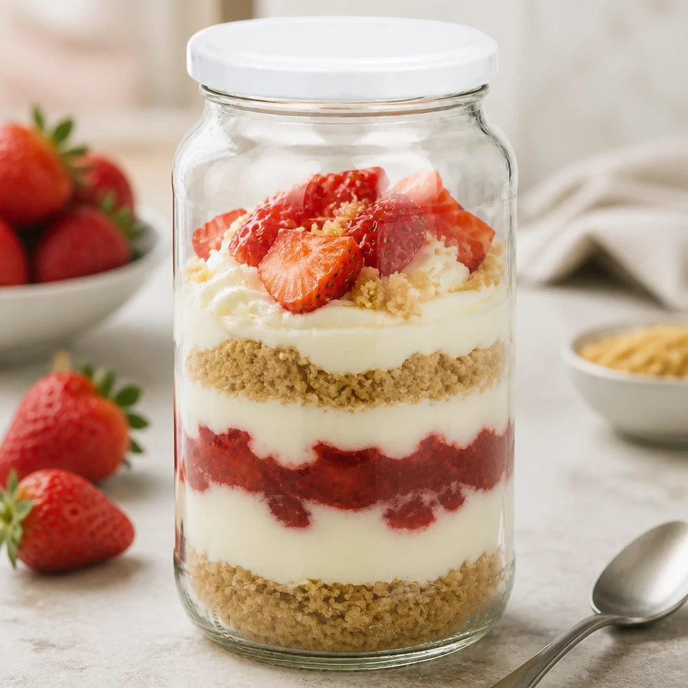1062ml Rundglas BasicSeal Deckel weiss mit Erdbeer-Dessert Schichtdessert Tiramisu Glas Nachtisch Vorratsglas