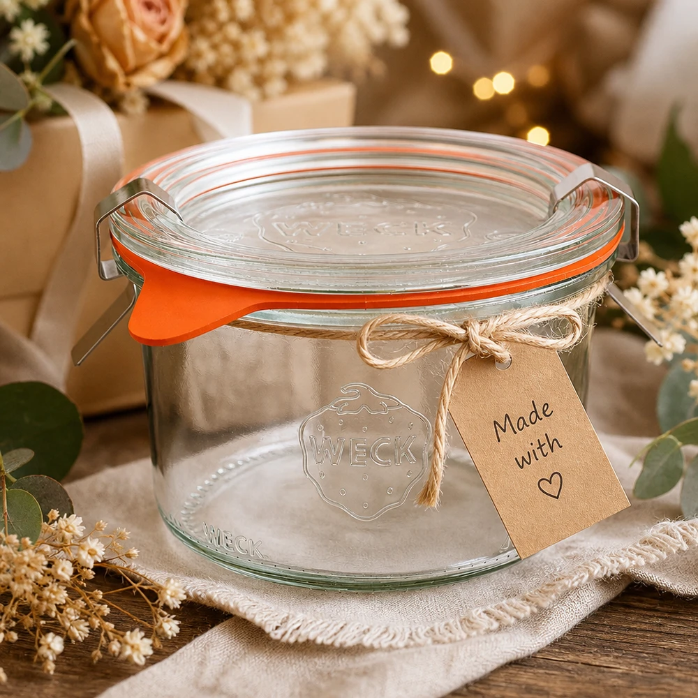 Kompletní 200ml sklenice se svěžestí WECK RR80 WECK Sturzglas 200ml RR80 als Geschenkidee dekoriert mit Kraftpapier-Anhänger Made with Love und Trockenblumen