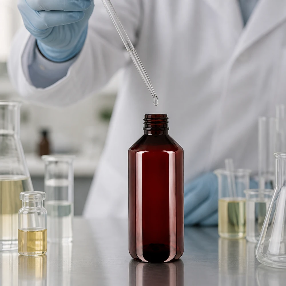 Laborant plní hnědou PET láhev o objemu 1000 ml pomocí pipety v profesionálním laboratorním prostředí