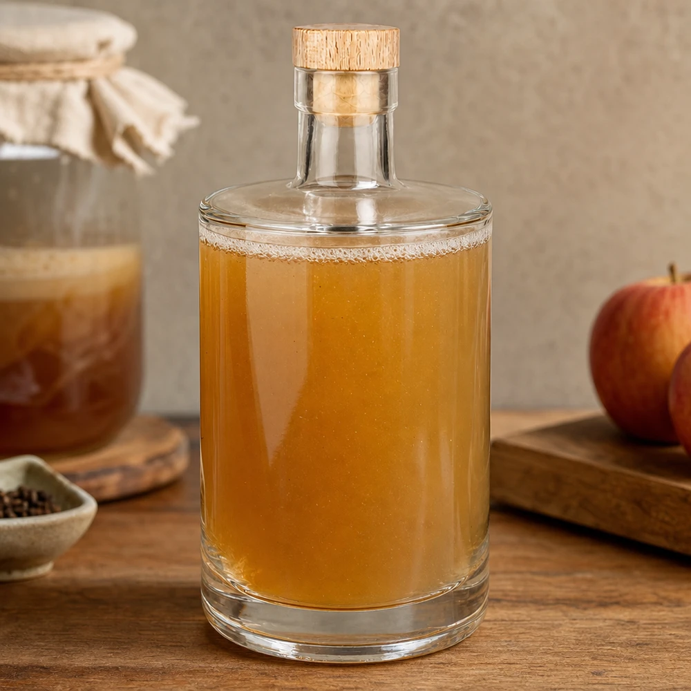 700ml Glasflasche "Galileo" mit Holzgriffkorken UNiTWIST® 700ml Glasflasche Marie mit Holzkorken gefüllt mit goldbrauner Flüssigkeit in gemütlicher Küche neben Apfel und Gewürzen