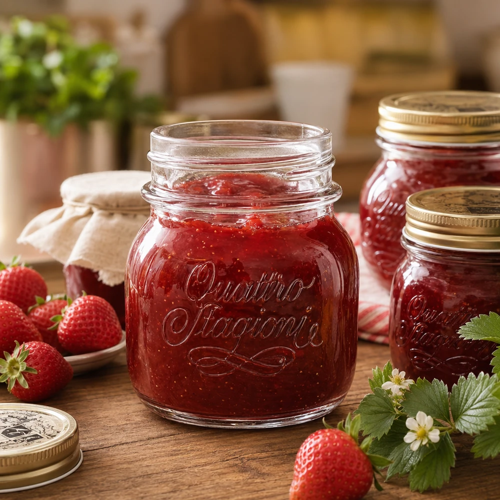 Quattro Stagioni 150ml Haushaltsglas mit Erdbeermarmelade gefüllt neben frischen Erdbeeren auf Holztisch