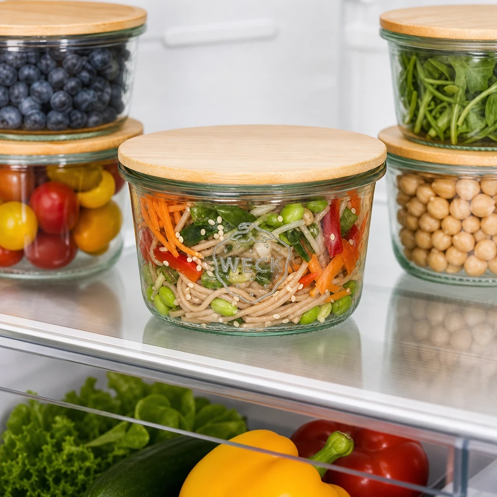 80ml tumbler WECK RR60 s dřevěným víčkem WECK Sturzglas 80ml RR60 mit Bambusdeckel Kühlschrank Meal Prep Vorratsorganisation Gemüse Nudeln frisch halten