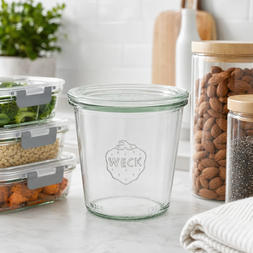 WECK Sturzglas 290ml RR80 in moderner Küche mit Aufbewahrungsgläsern für Nüsse und Lebensmittel