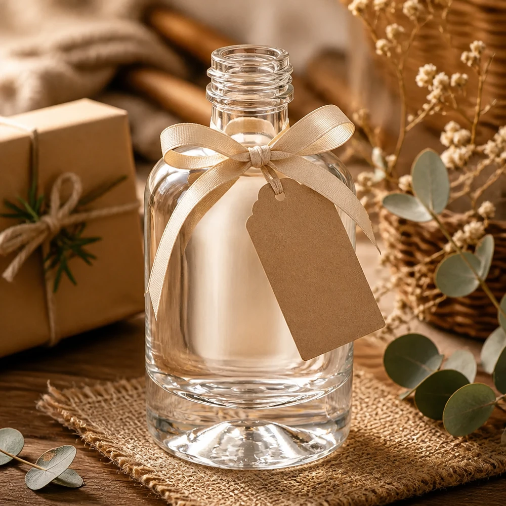 40ml Glasflasche "Sara" ohne Schraubverschluss UNiTWIST 40ml Glasflasche Sara dekorativ geschmückt mit Schleife und Geschenkanhänger ohne Verschluss für Präsente