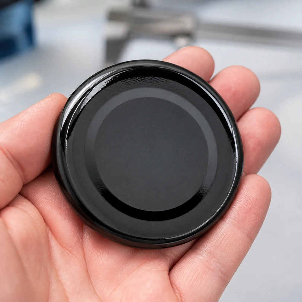 Detailní záběr černého šroubovacího uzávěru TO48 o průměru 48 mm typu UNiTWIST BasicSeal v dlani v dílenském prostředí