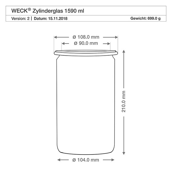 1590ml cylindrická sklenice WECK RR100 s dřevěnou kuličkou buk. Technische Zeichnung WECK Zylinderglas 1590ml RR100 mit Maßangaben und Abmessungen für Holzkugel-Verschluss