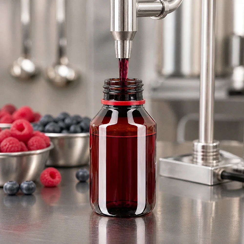 Plnění 50ml PET láhve červeným ovocným džusem pomocí průmyslové plnicí linky