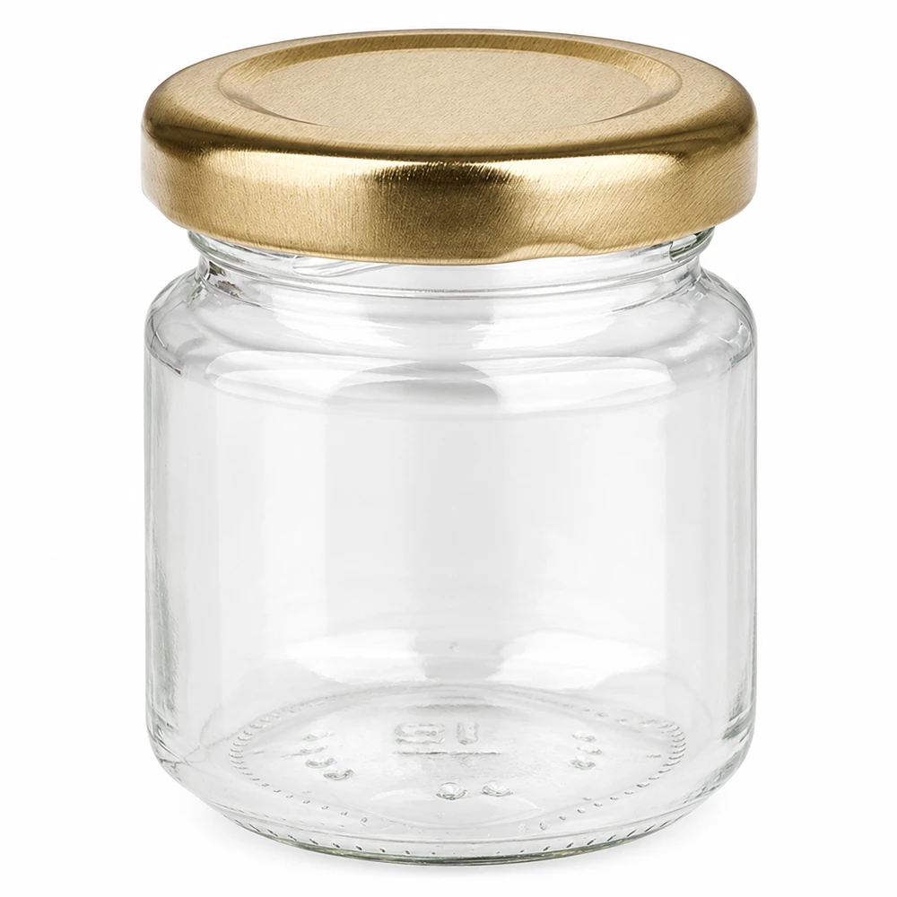 53ml kulatá sklenice s víčkem BasicSeal zlatá UNiTWIST 53ml Rundglas mit goldenem BasicSeal Deckel UNiTWIST - leeres Marmeladenglas aus Klarglas