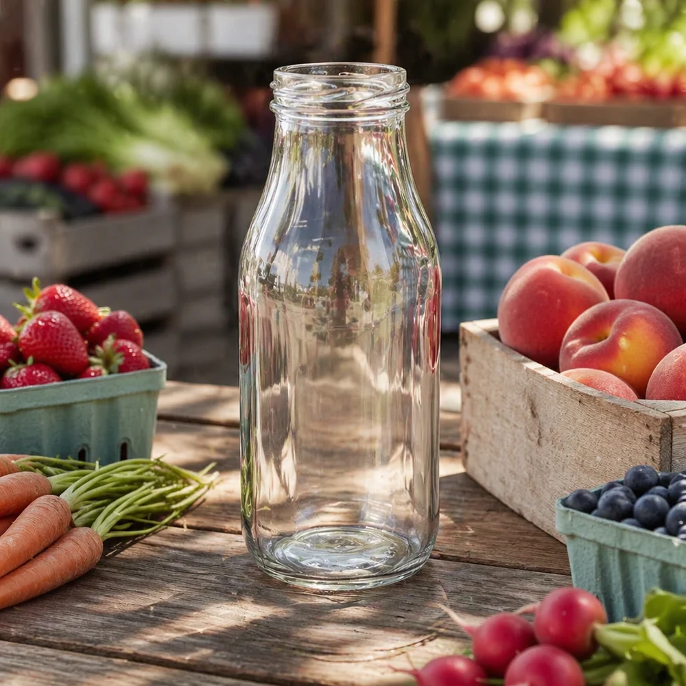 Láhev o objemu 263 ml bez víčka (TO43) UNiTWIST Leere Glasflasche 263ml auf Holztisch mit frischem Obst und Gemüse - ideal für Säfte Smoothies und Getränke