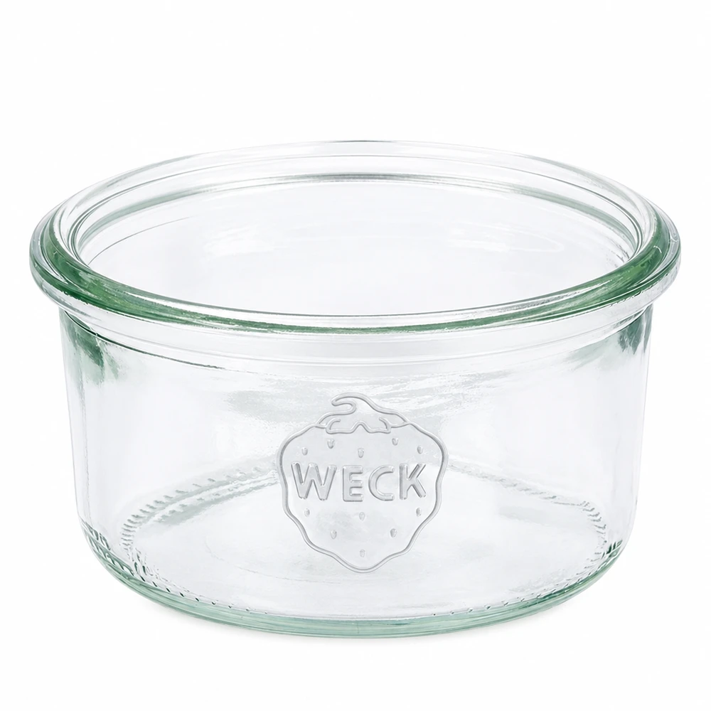 165ml tumble nádoba WECK RR80 se silikonovým silikonem. WECK Sturzglas 165ml RR80 aus klarem Glas mit geprägtem Logo für Einmachen und Vorratshaltung