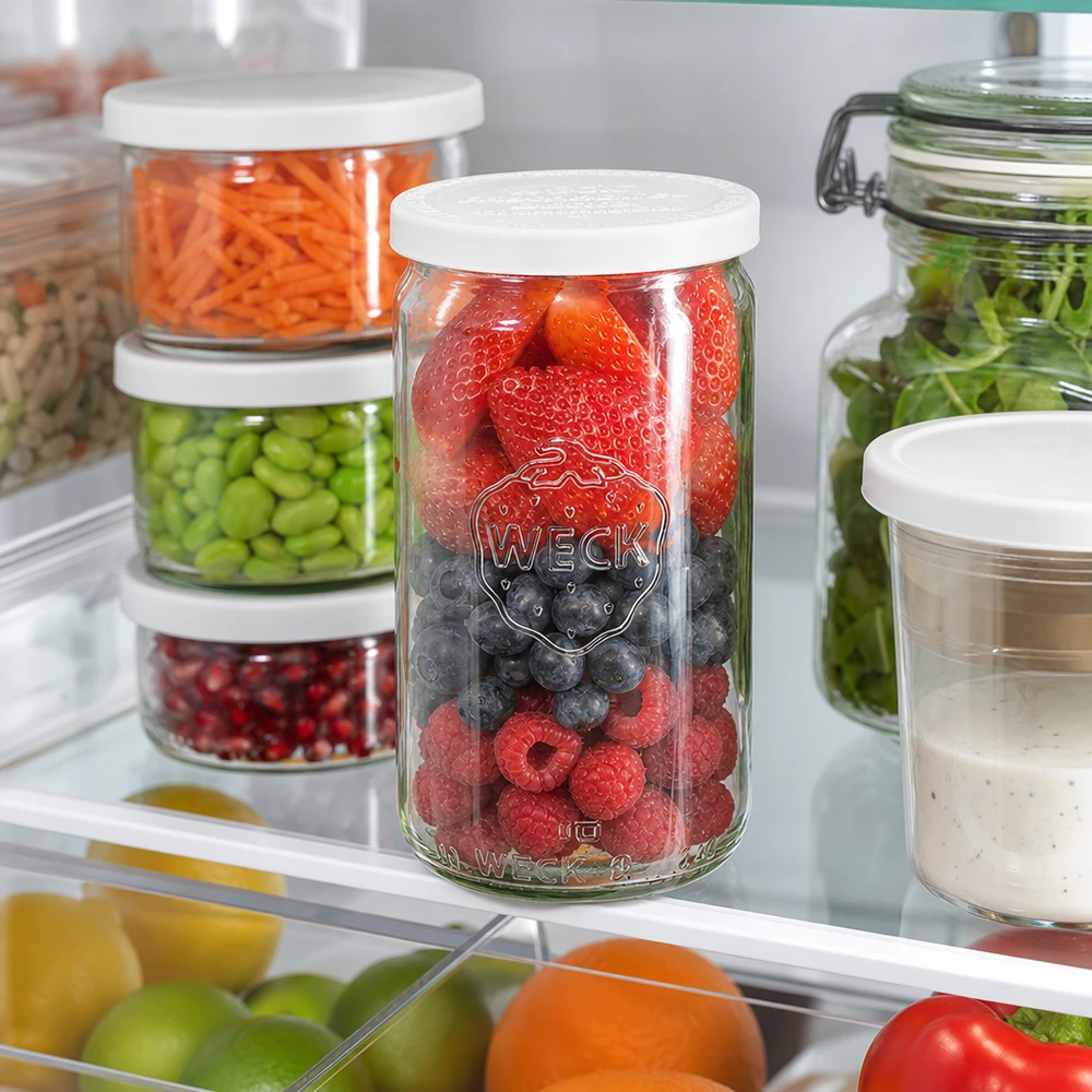 340ml válcová sklenice se skleněným víčkem WECK RR60 pro zachování čerstvosti. WECK Zylinderglas 340ml mit gemischten Beeren gefüllt im Kühlschrank neben anderen Vorratsgläsern mit Gemüse
