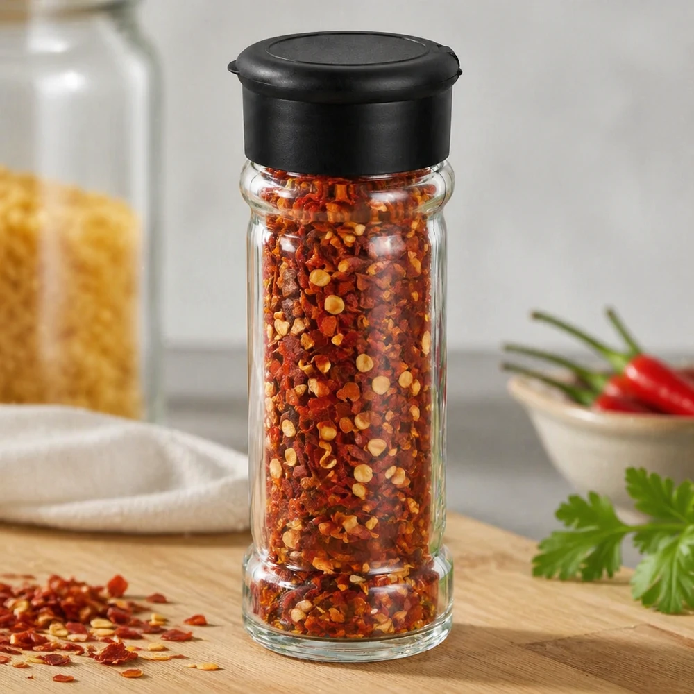Dóza na sůl/koření 100ml s mlýnkem Vario černá Schlankes Glasgefäß 100ml mit schwarzem Streuer für Chiliflocken in modernem Küchenambiente