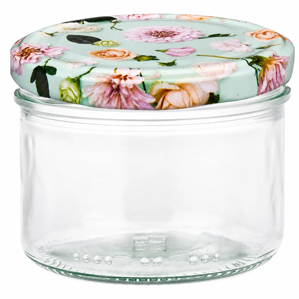 230ml válcová sklenice + víčko BasicSeal flower mint 230ml Zylinderglas mit BasicSeal Deckel Blume mint - rundes Aufbewahrungsglas mit Blütenmuster auf mintgrünem Hintergrun