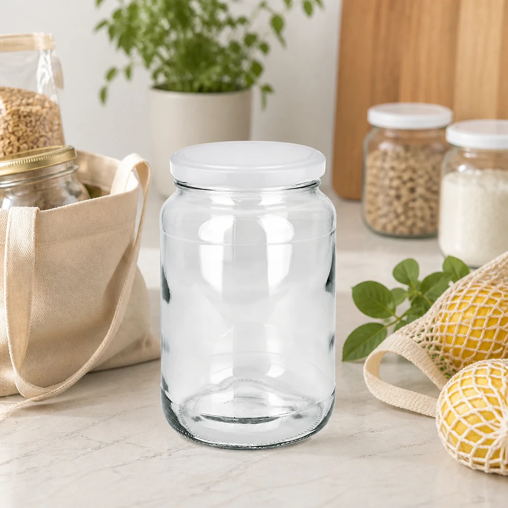 1700ml Rundglas mit BasicSeal Deckel in nachhaltiger Zero-Waste Küche mit Mesh-Beuteln und Vorratsgläsern