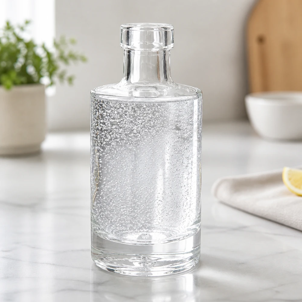 200ml Glasflasche "Marie" ohne Verschluss UNiTWIST 200ml Glasflasche Marie mit Sprudelwasser befüllt auf Marmortheke moderne Küche Wasserflasche Lifestyle Szenerie