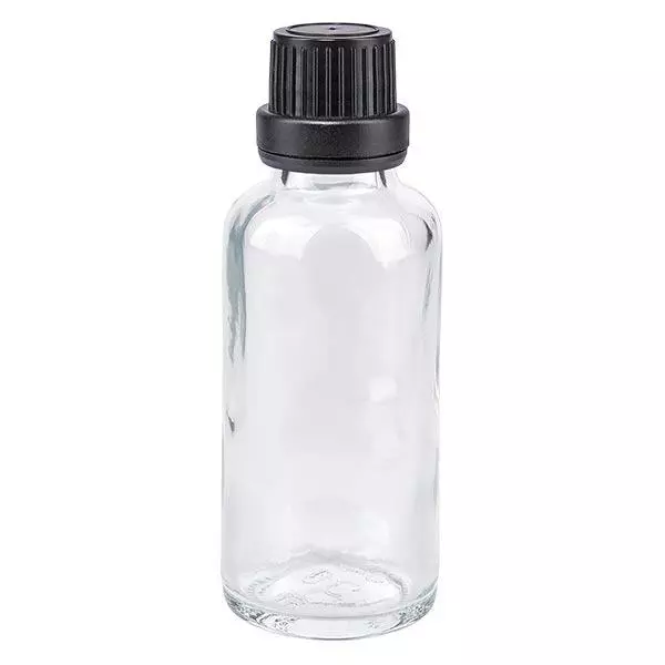 Lékárenská lahvička čirá 30ml se šroubovacím uzávěrem černá s uzávěrem proti neoprávněné manipulaci.