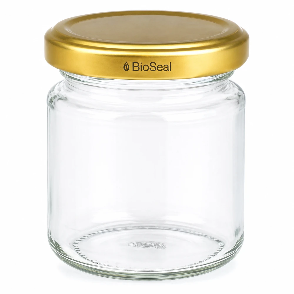 Kulatá dóza o objemu 53 ml se zlatým víčkem UNiTWIST BioSeal. Leeres Einmachglas UNiTWIST Runda53 mit goldenem TO43 BioSeal Deckel für Marmelade und Konservierung