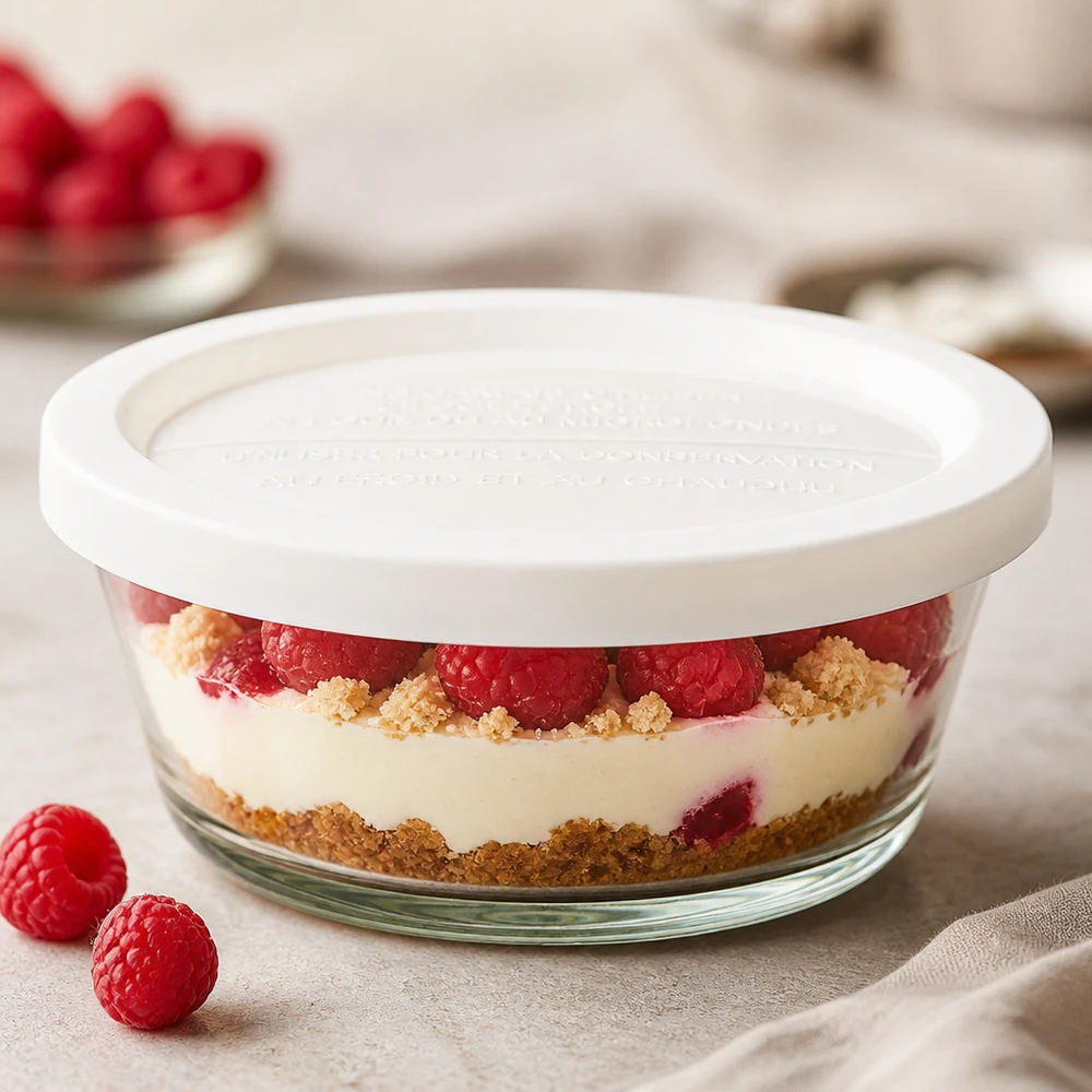 Gurmánská sklenice o objemu 300 ml s čerstvým víčkem. WECK RR120 WECK RR120 Gourmetglas 300ml mit Frischhaltedeckel gefüllt mit Himbeer-Dessert als Geschichtetes Nachspeisen-Beispiel
