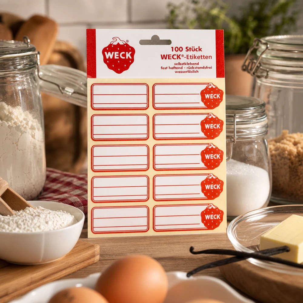 Etikety WECK 19x13 mm (balení po 100 kusech) WECK Etiketten Packung mit 100 roten Aufklebern in Küche mit Vorratsglasern Eiern Butter Getreide Backzutaten