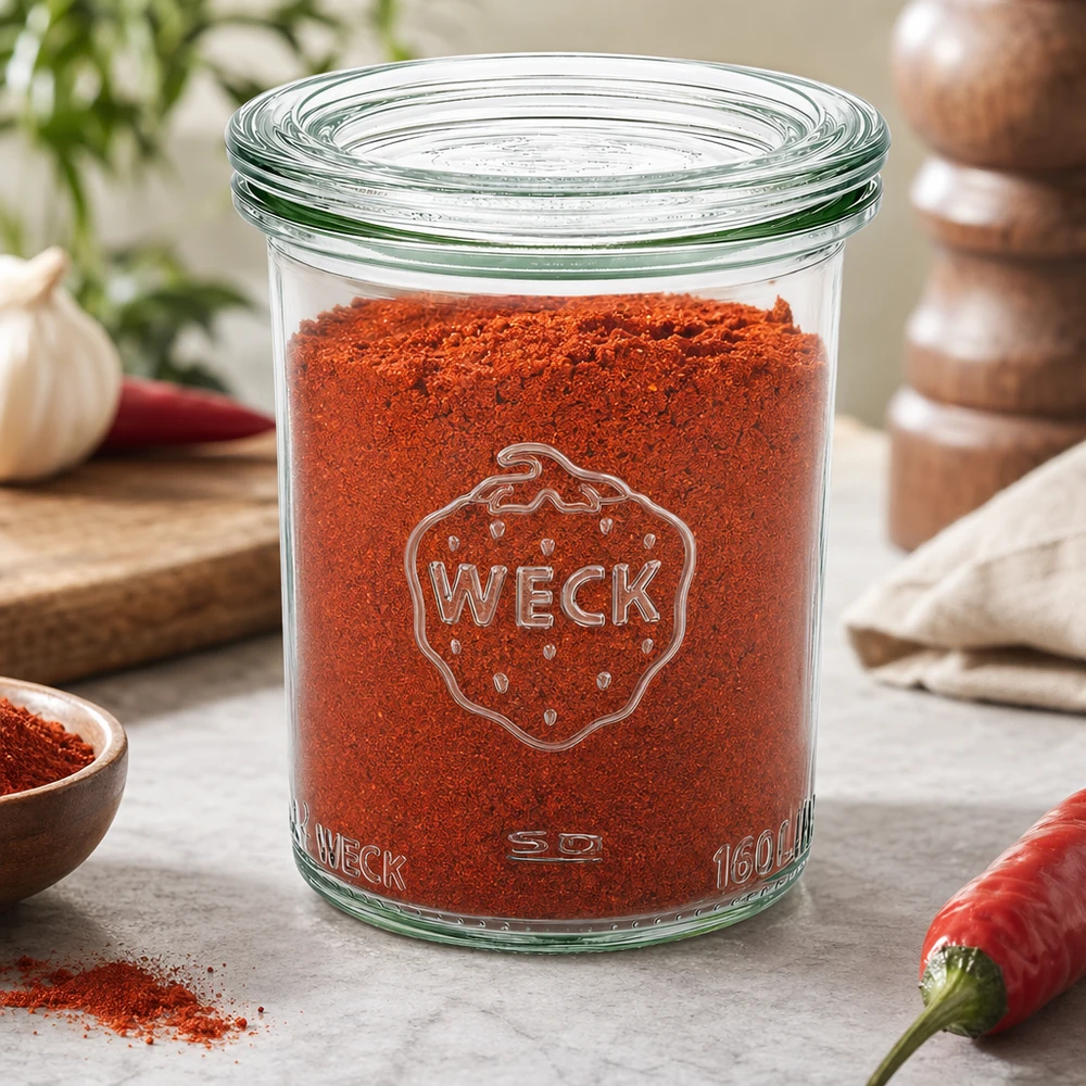 WECK Sturzglas 160ml RR60 gefüllt mit rotem Paprikapulver in Küche mit Chili, Knoblauch und Gewürzmühle