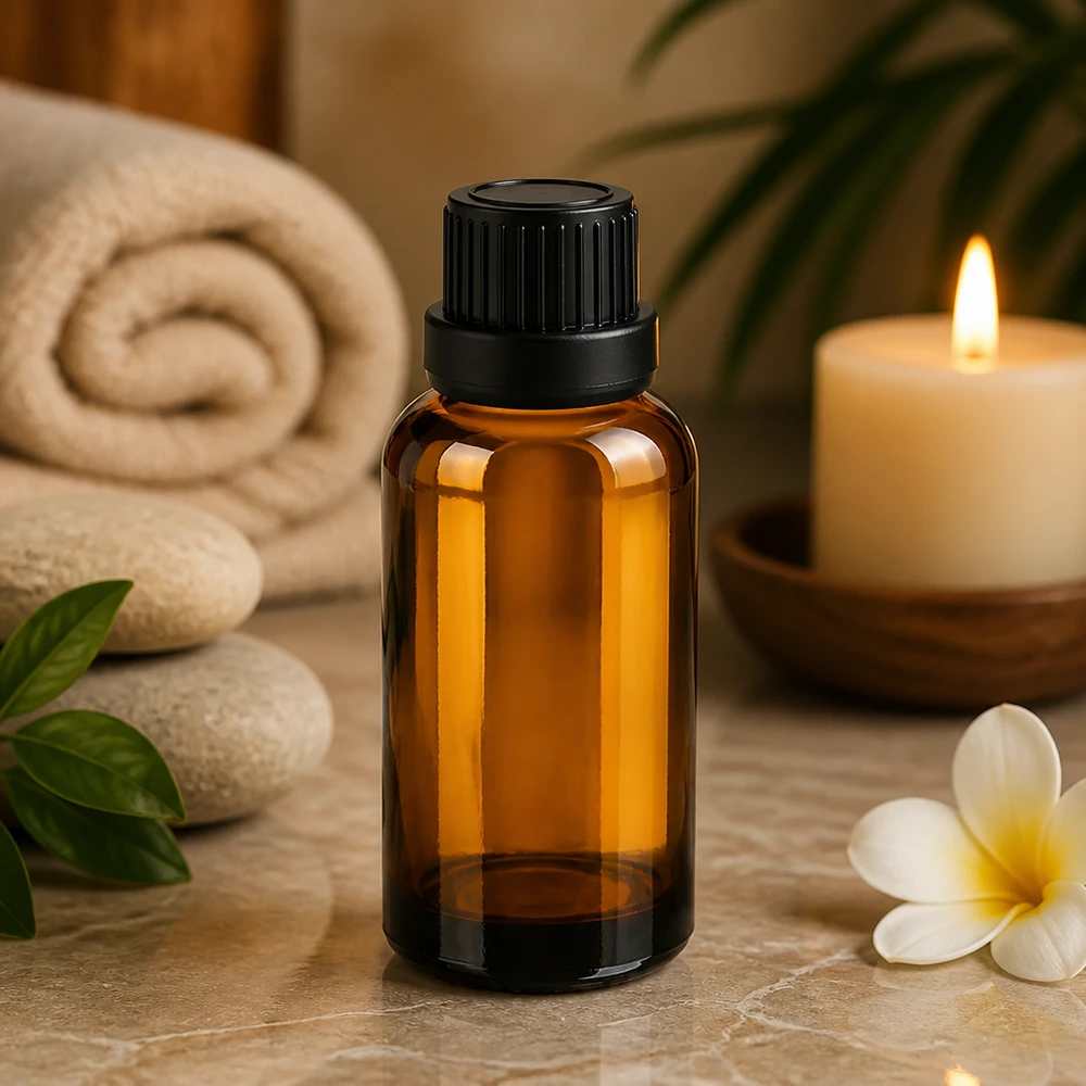 Elegante 30ml Tropfflasche in Bernsteinfarbe mit schwarzem Verschluss für Spa und Massage