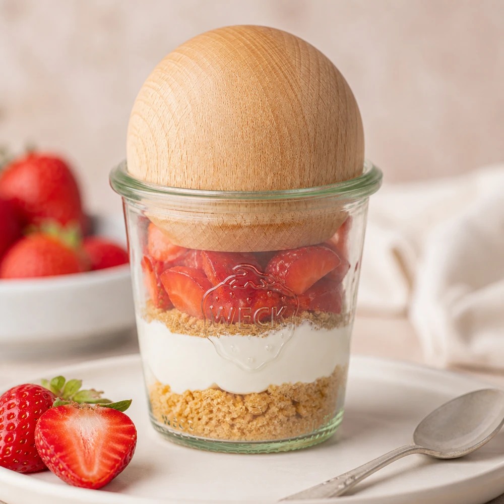 290ml vysoká skleněná nádoba WECK RR80 s dřevěnou kuličkou buk. WECK Sturzglas 290ml RR80 Dessert-Schichtglas mit Erdbeeren Sahne Keksboden und Buchenkugel-Verschluss