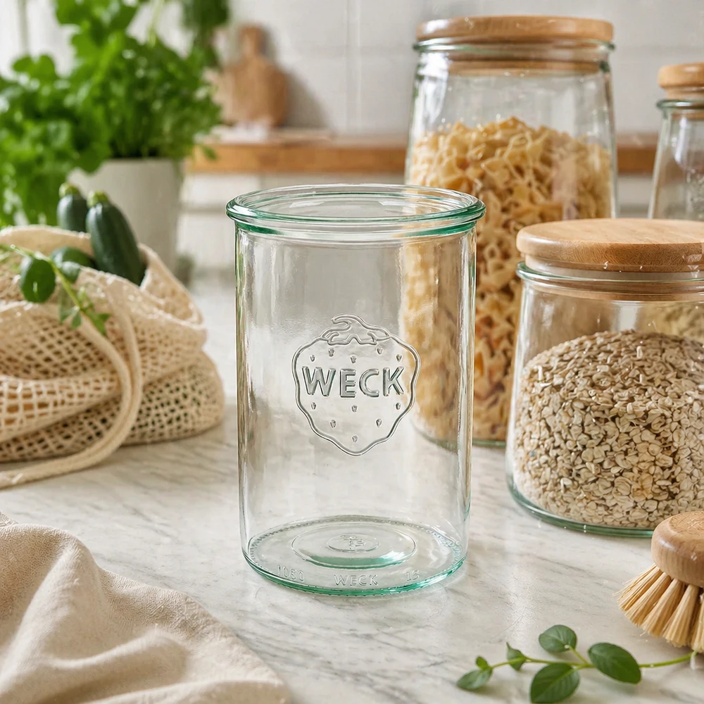 1000ml tumblery WECK RR100 s dřevěným dřevem - 1000ml tumblery WECK RR100 s dřevěným dřevem WECK Sturzglas 1000ml RR100 aus Glas mit Logo in nachhaltiger Küche mit Vorratsgläsern und Bio-Lebensmitteln