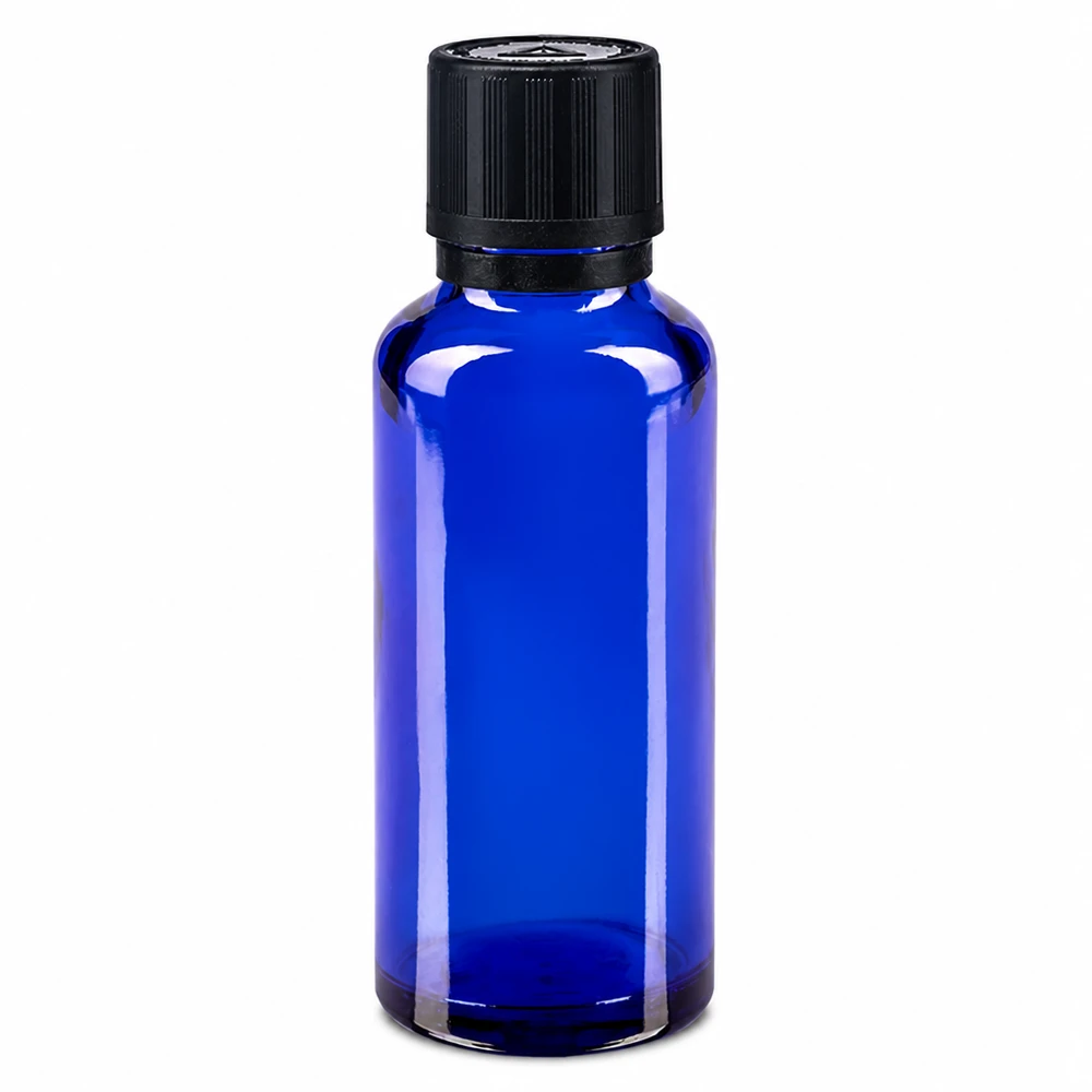 Lékárenská láhev modrá 30ml kapací uzávěr nalévací kroužek 1mm černý dětský bezpečnostní zámek výstražný symbol pro nevidomé tamper evident uz&# UV-Schutz Apothekerflasche blau 30ml Borosilikatglas mit kindersicherem Schraubverschluss schwarz