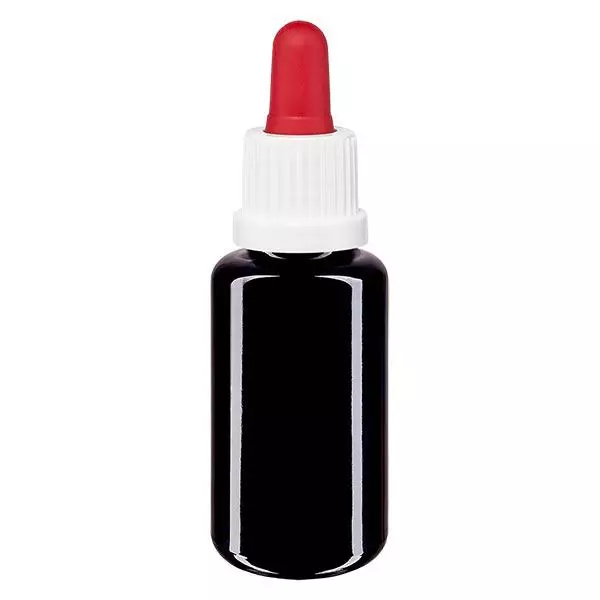Lékárenská lahvička fialová 20ml pipeta bílá/červená tamper-evidentní uzávěr. Lékárenská lahvička fialová 20ml pipeta bílá/červená tamper-evidentní uzávěr.