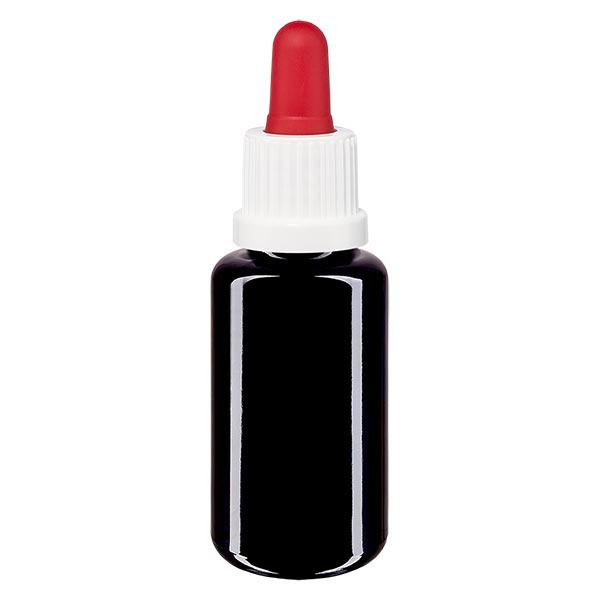Lékárenská lahvička fialová 20ml pipeta bílá/červená tamper-evidentní uzávěr. Lékárenská lahvička fialová 20ml pipeta bílá/červená tamper-evidentní uzávěr.