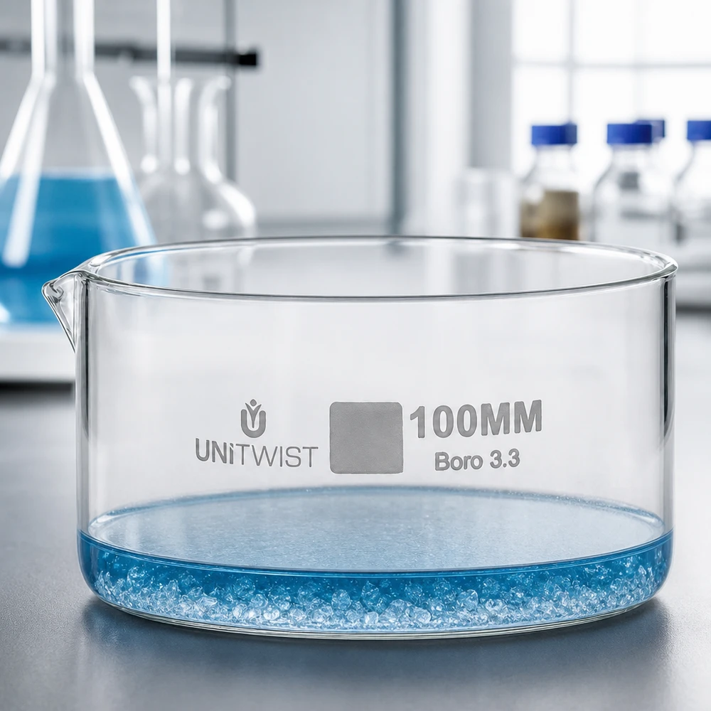 Krystalizační miska ø100mm z borosilikátového skla UNiTWIST Flache Glasschale 100mm Kristallisieren Eindampfen Labor UNiTWIST Borosilikatglas zylindrisch