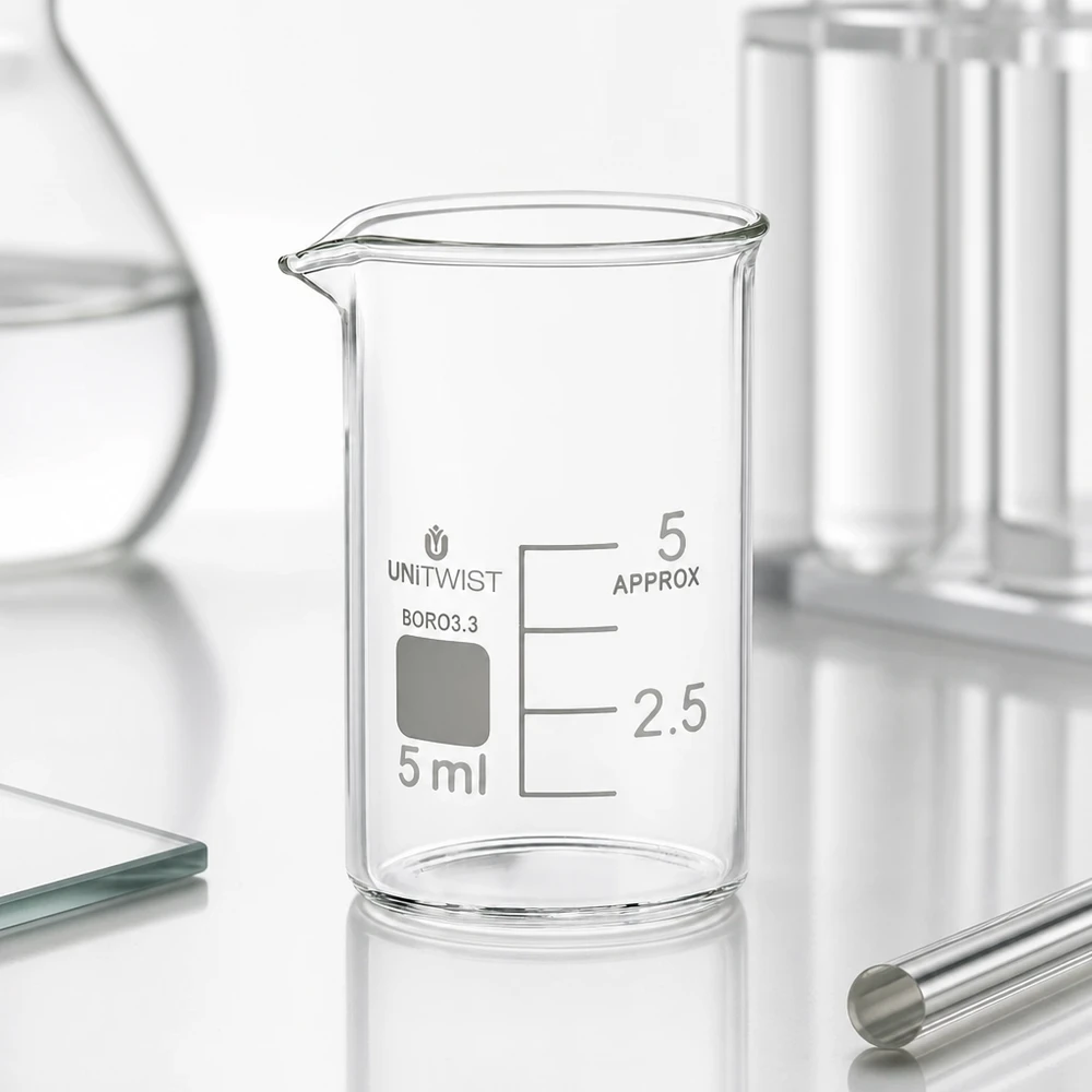 Becherglas 5ml niedrige Form Borosilikat 3.3 mit beschriftbarem Markierfeld und Skalierung