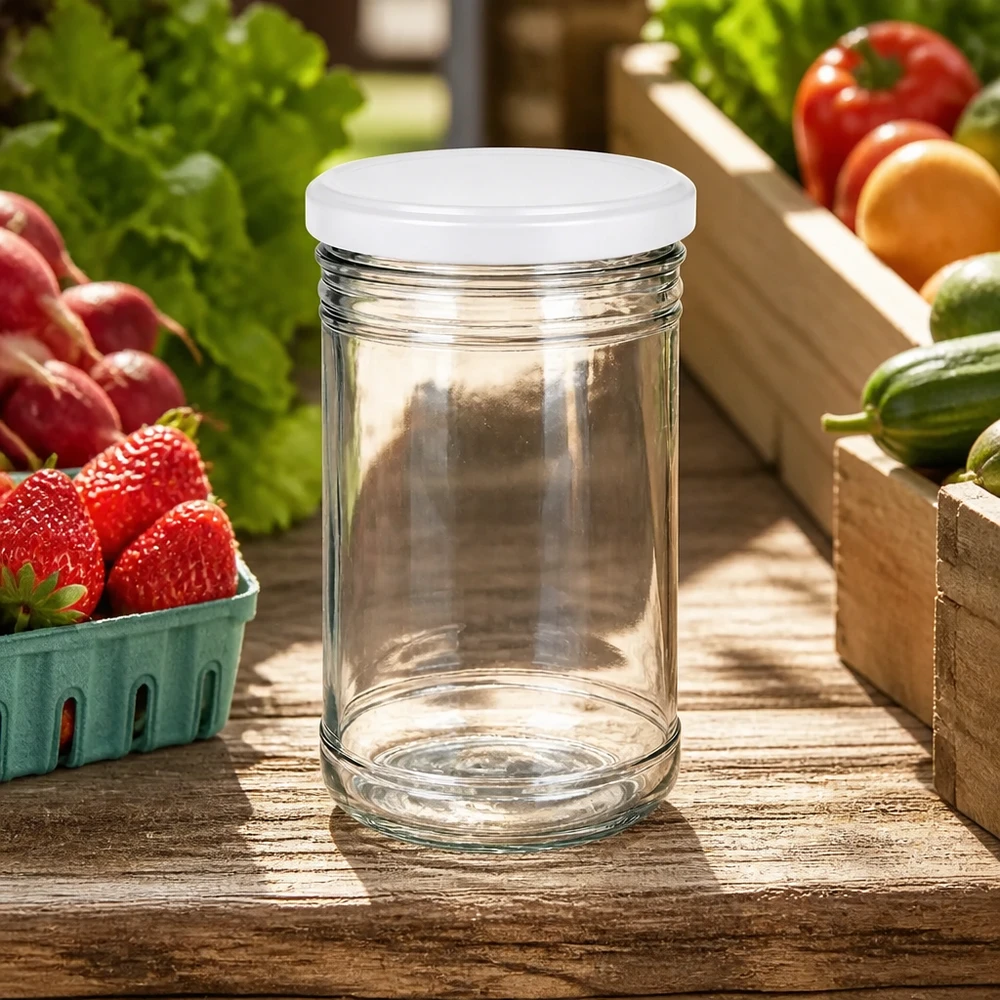 1053ml Sturzglas leer auf Holztisch mit frischem Obst und Gemüse zeigt ideale Küchenumgebung für Meal Prep und Vorratsha