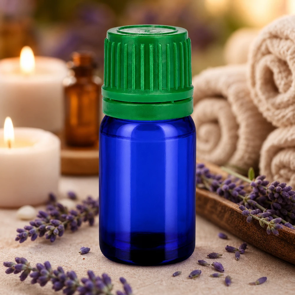 5ml lahvička 11mm šroubovací uzávěr zelený tamper-evidentní uzávěr BlueLine UT18/5 Lichtgeschützte 5ml Glasflasche in elegantem Blau mit stabilem grünen Schraubverschluss