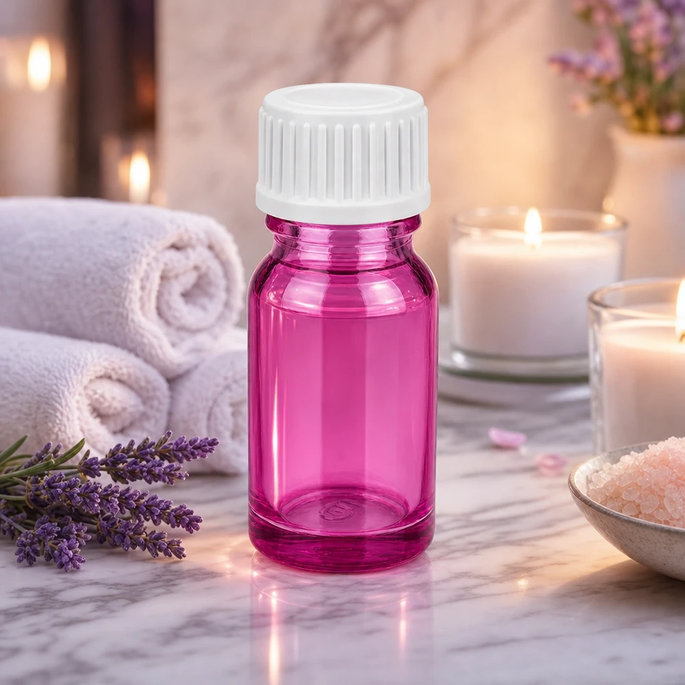 Lahvička o objemu 10 ml (globule). Nalévací kroužek 3 mm bílý standardní PurpleLine. UT18/10 Elegante 10ml Violettglasflasche mit weißem Deckel perfekt für selbstgemachte Aromamischungen