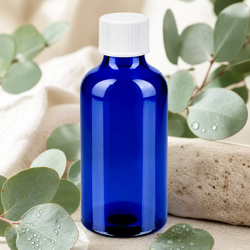 50ml láhev s 11mm šroubovacím uzávěrem bílá Standard BlueLine UT18/50 Kompakte 50ml Flasche in Kobaltblau mit hygienischem Kunststoffverschluss für den Hausgebrauch