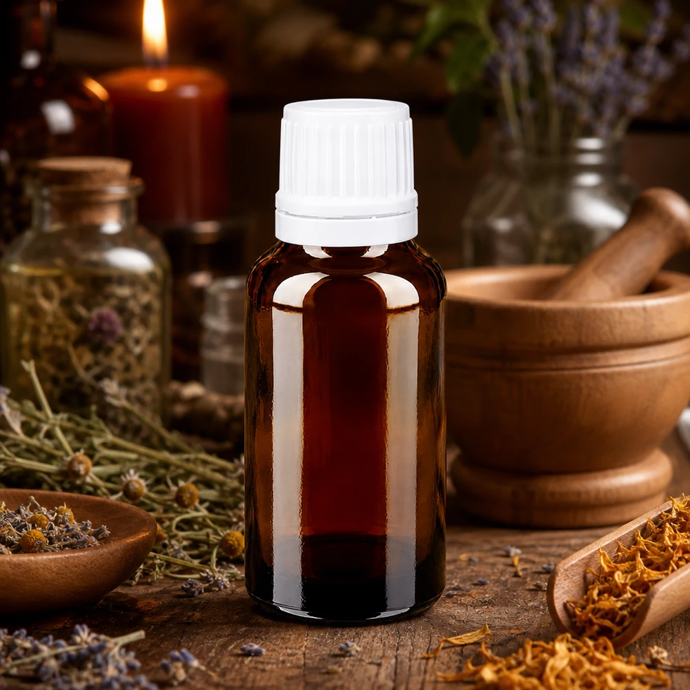Lékárenská lahvička hnědá 20ml šroubovací uzávěr bílý uzávěr proti manipulaci. Apothekerflasche 20ml Braunglas schmal mit kindersicherem Weißdeckel für Pflanzentinkturen