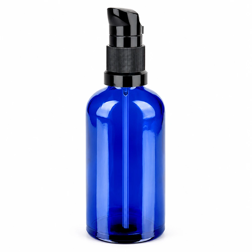 100ml lahvička s pumpičkou černá standardní uzávěr BlueLine UT18/100 Handliche blaue Glasflasche mit Pumpspender 100ml perfekt für Lotions und Öle