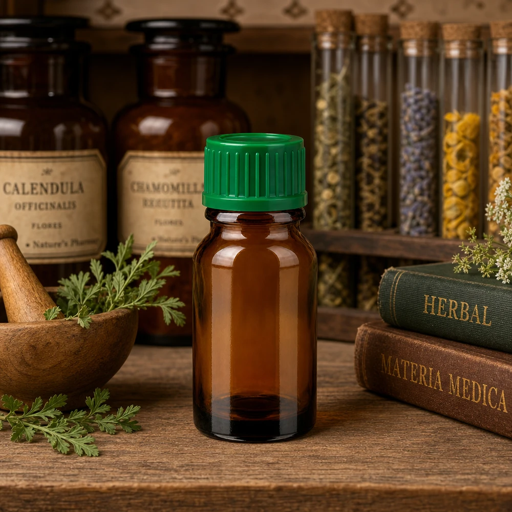 Traditionelle 10ml Apotheker-Glasflasche braun mit grünem Verschluss für Naturheilkunde