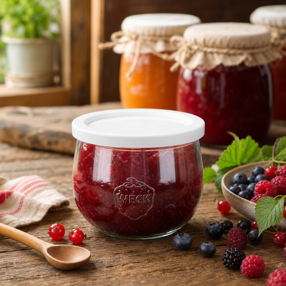 WECK Tulpenglas 580ml RR100 mit Beerenmarmelade gefüllt in rustikaler Küche mit frischen Früchten und Einmachgläsern