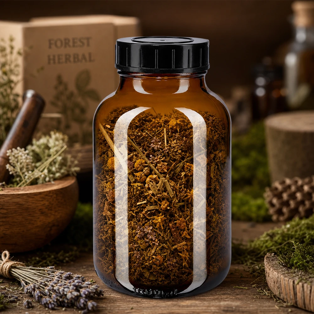 1000ml láhev se širokým hrdlem jantarové sklo se šroubovacím uzávěrem. Professionelle 1000ml Lagerflasche aus dunklem Glas mit dichtem Verschluss für Aromaschutz